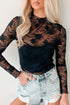 Sheer Floral Lace Mesh Mock Neck Elegant Long Sleeve Fitted Top